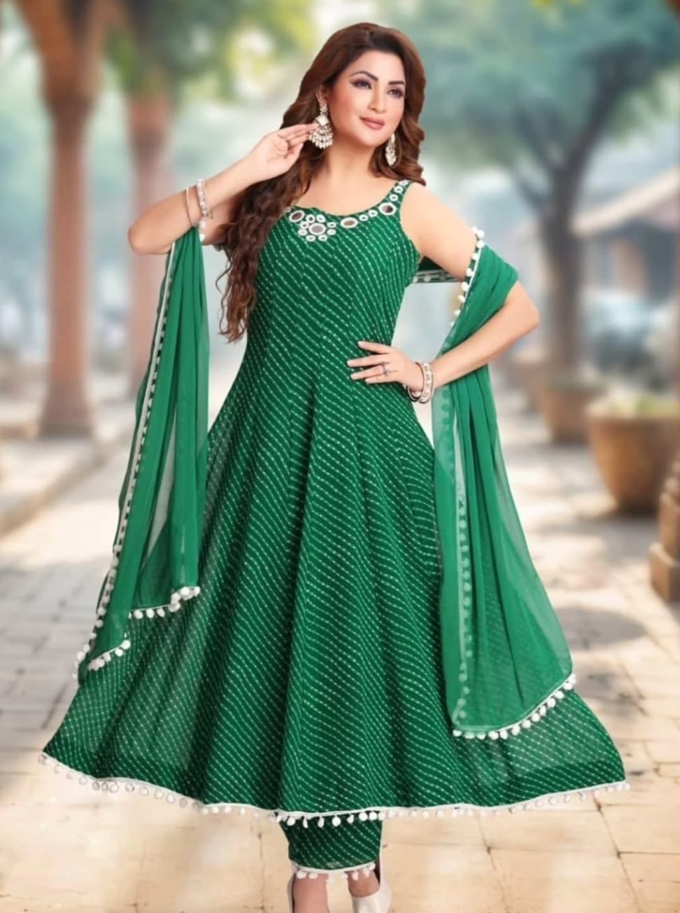 Georgette Bandini Print Anarkali 3 Peice Set image 4